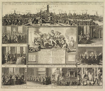 29028 Profiel van de stad Utrecht bovenaan een verzamelprent met zes afbeeldingen, voorstellende vertrekken waar de ...